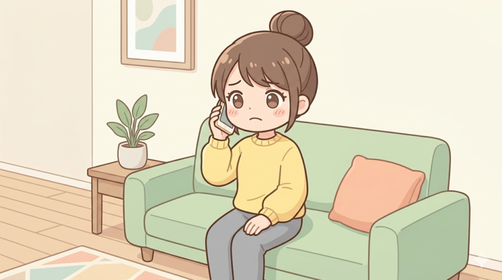 ソファで母と電話しながら不安な表情を浮かべる筆者