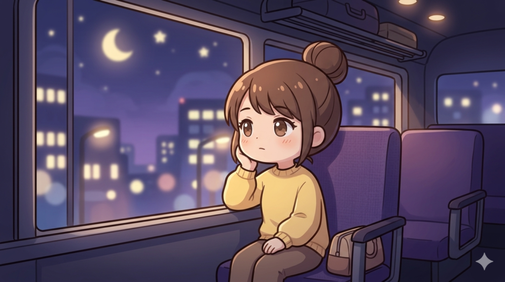 夜行バスの車窓を眺め、物思いにふける帰省中の筆者