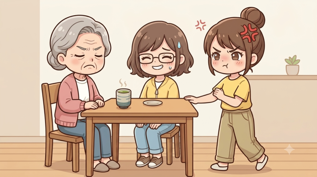 頑固な母の様子に苦笑いするケアマネとイライラする著者のイラスト
