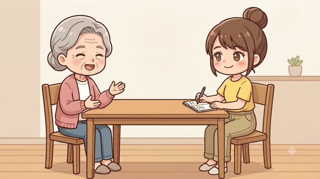 にこやかに語る母の話をエンディングノートに書き留める著者のイラスト