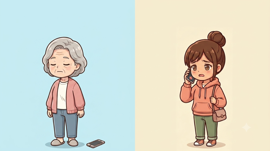 心配して母に電話する著者と、娘の電話を無視する母のイラスト