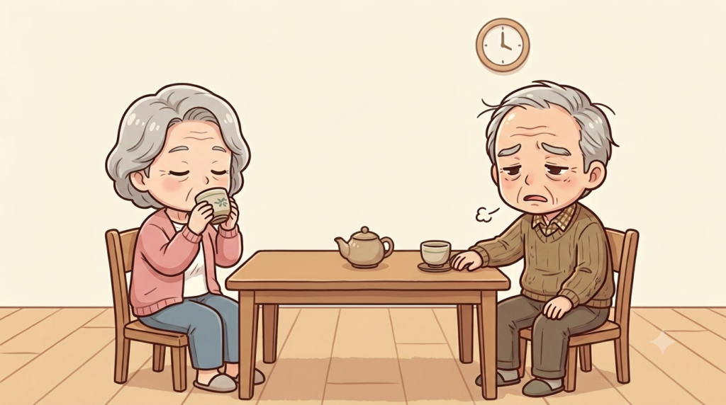 のんびりお茶を飲む母と、介護に疲れ果てている父のイラスト
