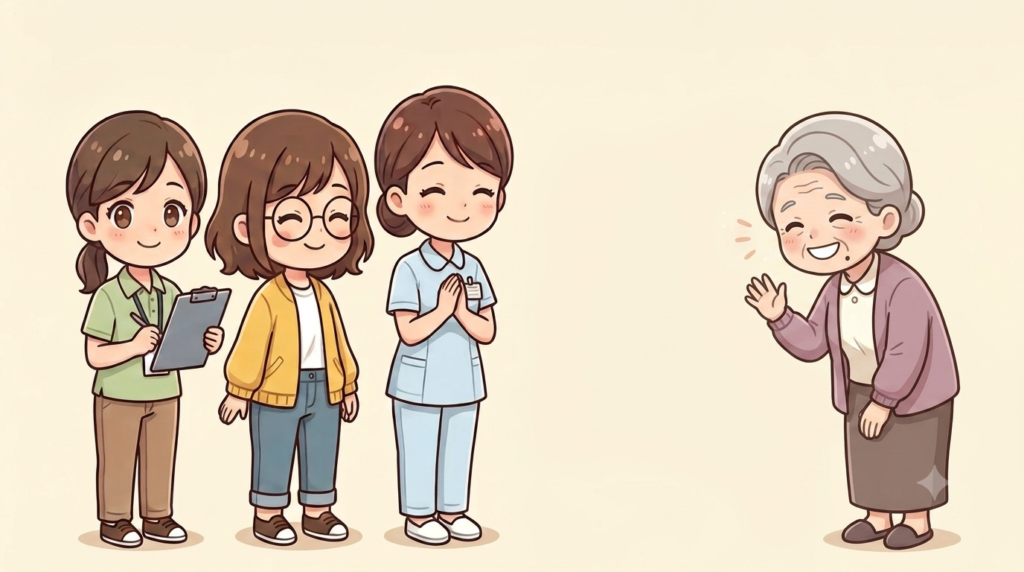 介護担当者3人に笑顔でお礼を言っている高齢女性のイラスト