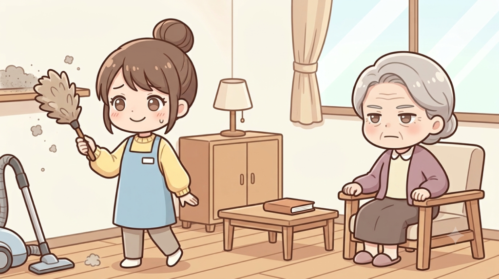 初めて訪問したヘルパーと、ヘルパーの仕事を厳しい表情で見つめる高齢女性のイラスト