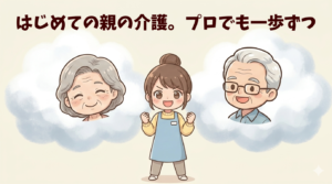 遠距離介護と旅をテーマにしたブログの表紙。中央に筆者、両側の雲に浮かぶ両親