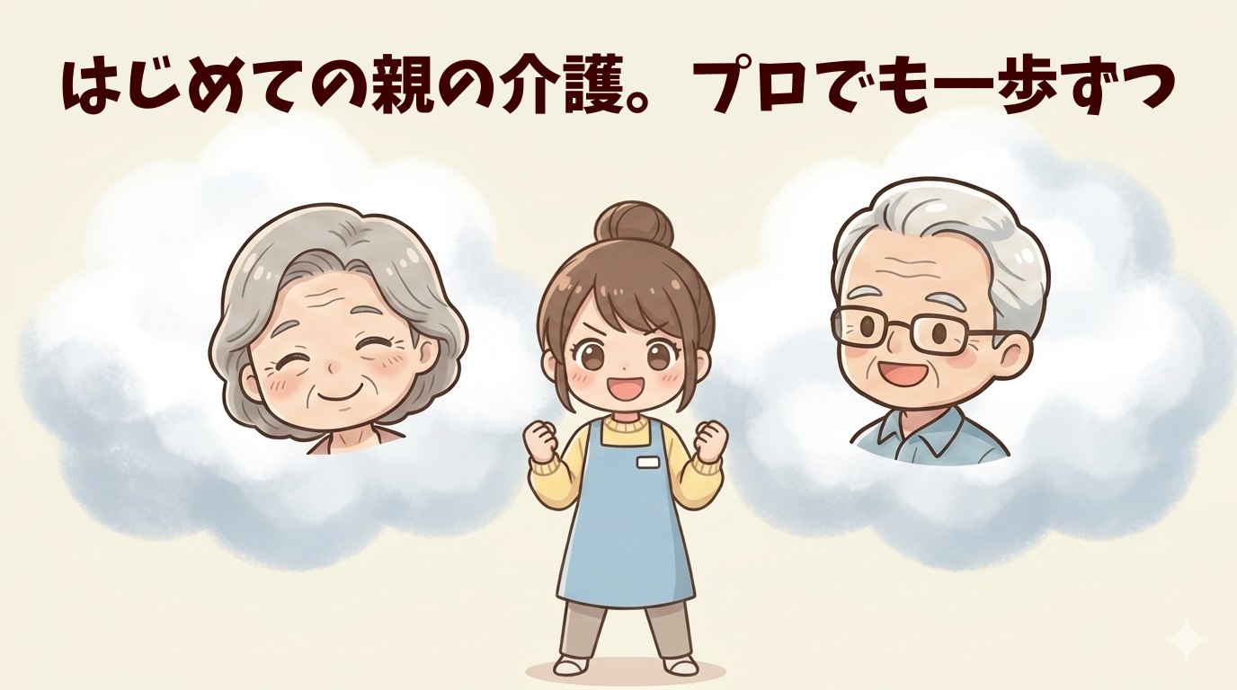 遠距離介護と旅をテーマにしたブログの表紙。中央に筆者、両側の雲に浮かぶ両親