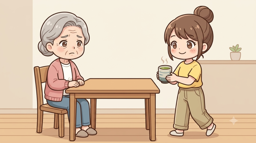 不安な様子の母に寄り添う著者のイラスト