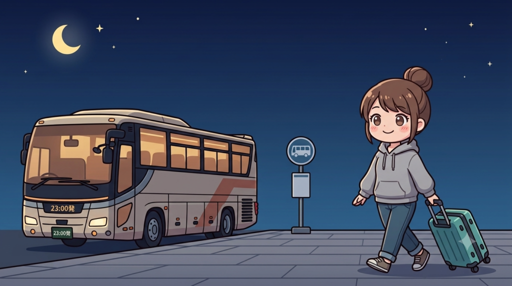 夜行バスで母のもとへ向かう筆者のイラスト