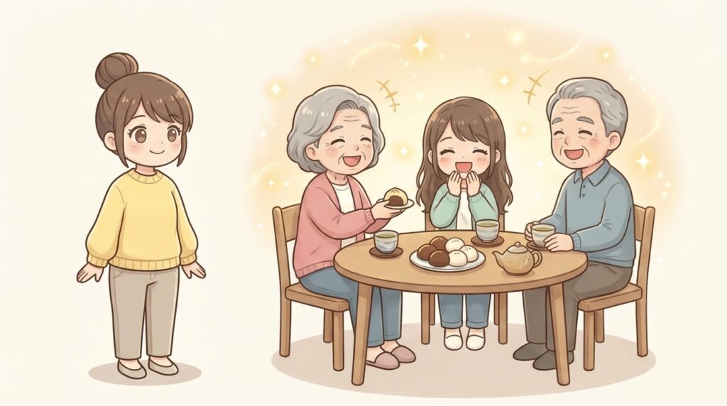 おやつを食べながら談笑している次女と祖父母。離れたところから著者がみつめている。