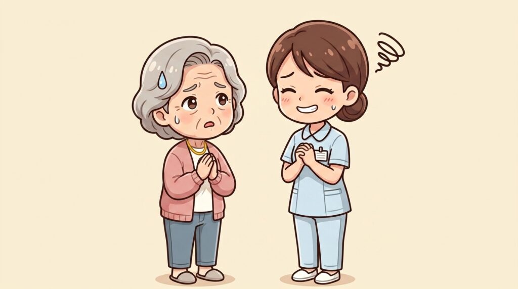 料金を尋ねる母と、答えに困る看護師のイラスト