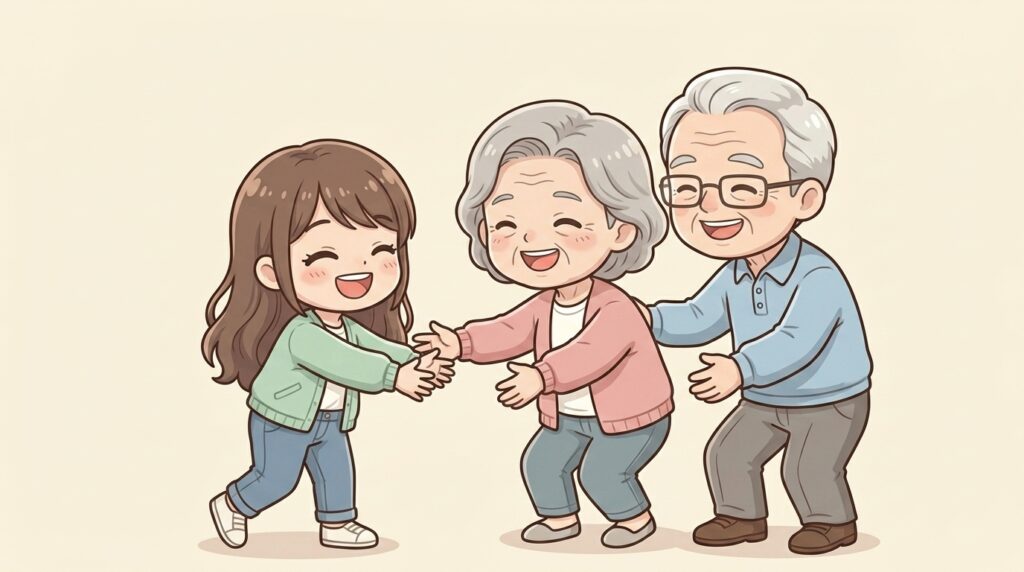 満面の笑みで元気に孫娘を迎える祖父母のイラスト