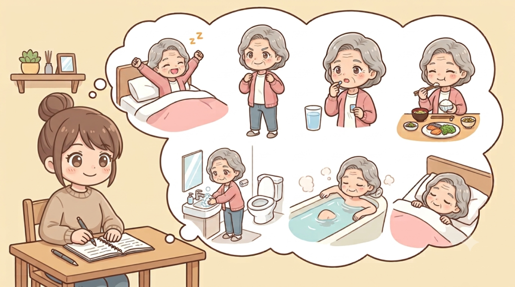 著者が、母の一日の行動と想像して、必要な介護をメモしているイラスト