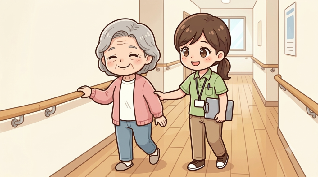 母が、看護師と手すりを使って歩行練習しているイラスト