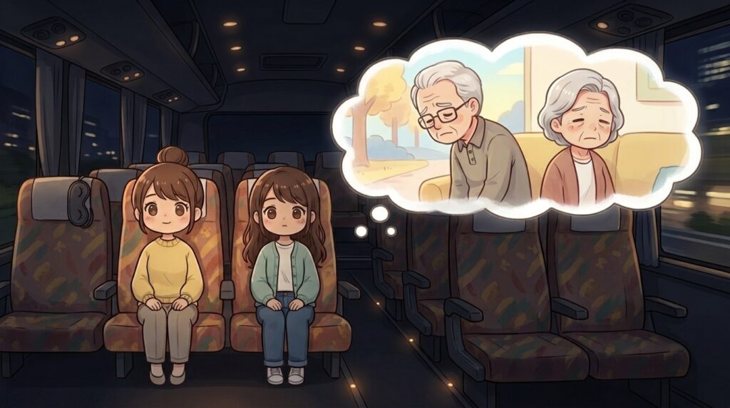 高齢の両親を心配しながら夜行バスで帰省する著者と次女のイラスト