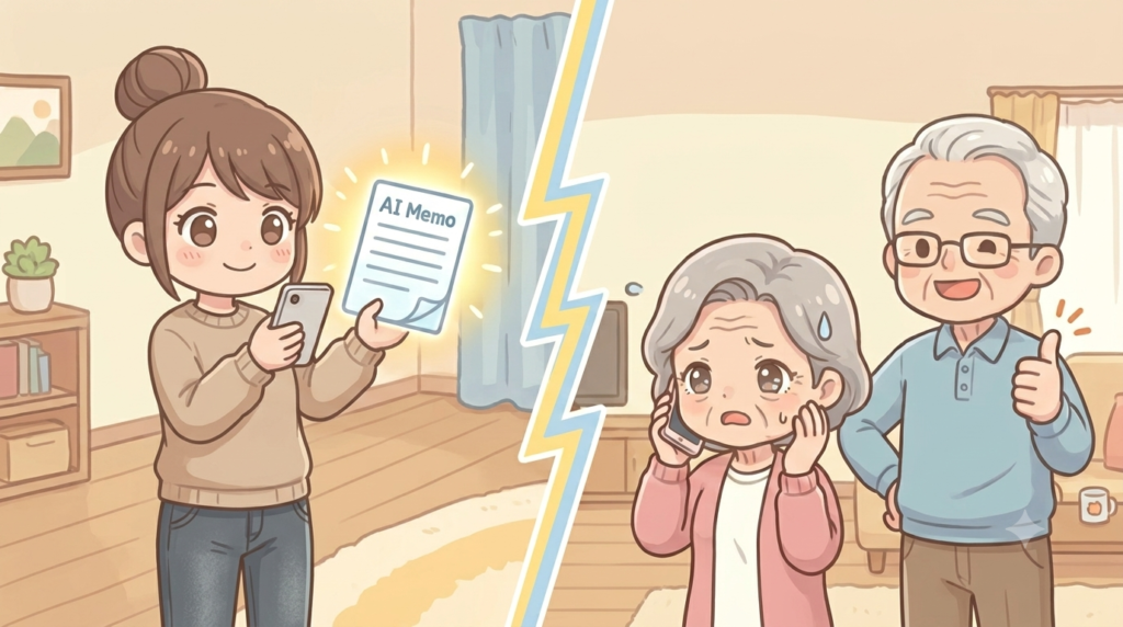 著者がAIで作ったメモを電話で両親に伝えている様子。母は心配そうで、父は快諾している。