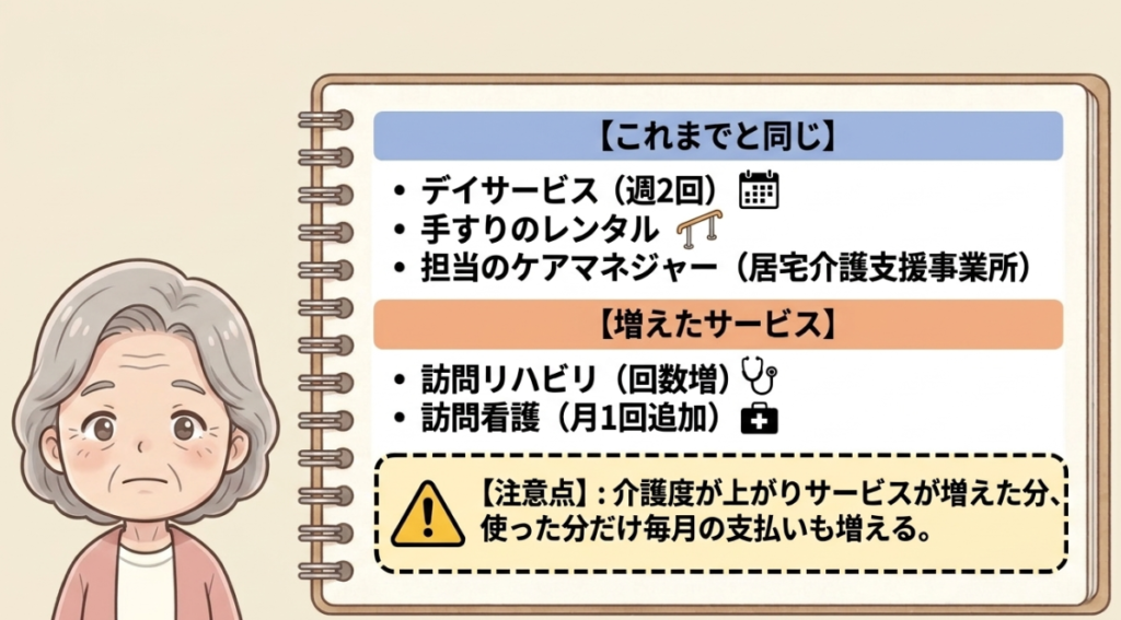 母の介護サービスをまとめたイラスト