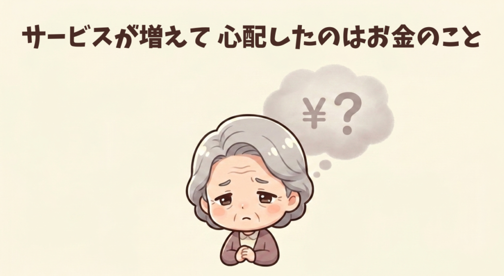 サービスが増えたことで出費が増えることを心配する母のイラスト