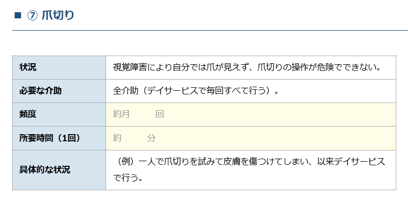 申し伝えメモの記入例（爪切りの項目）