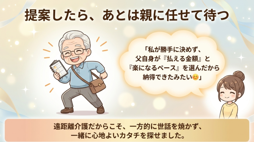 一方的に世話を焼かず、親に任せて待ったら良い形が見つかったことをまとめたイラスト