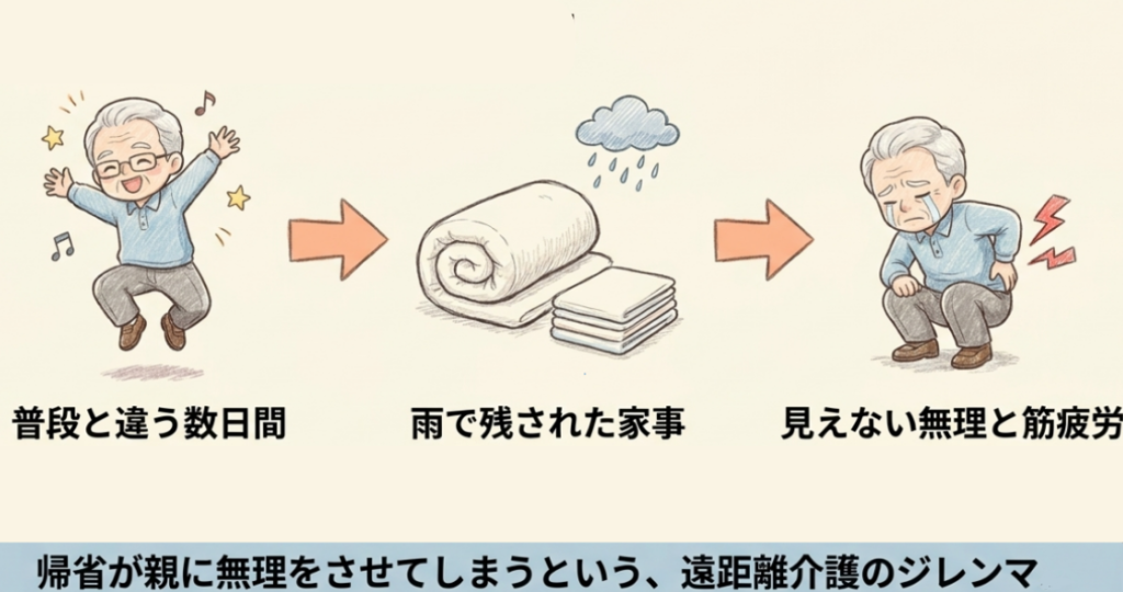 帰省が親の負担になったのかもしれないという、遠距離介護のジレンマを示した図解