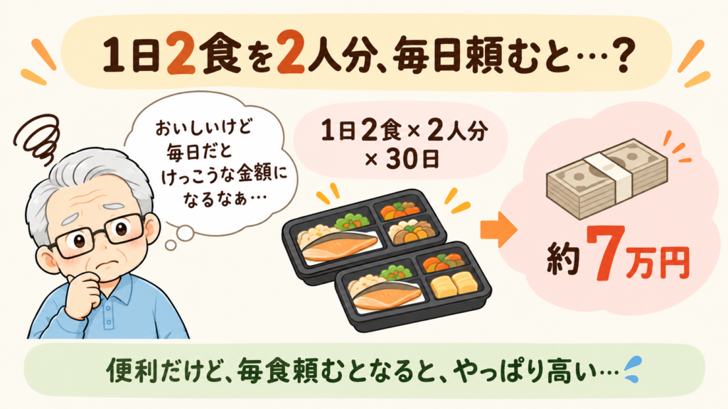 父が宅配弁当を毎日2食ずつ二人分頼んだら高額になることを懸念するイラスト